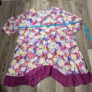 LOGO‎ By Lori Goldstein, XL, Floral Long Sleeve Tunic Top, Bright, Style Kennedy